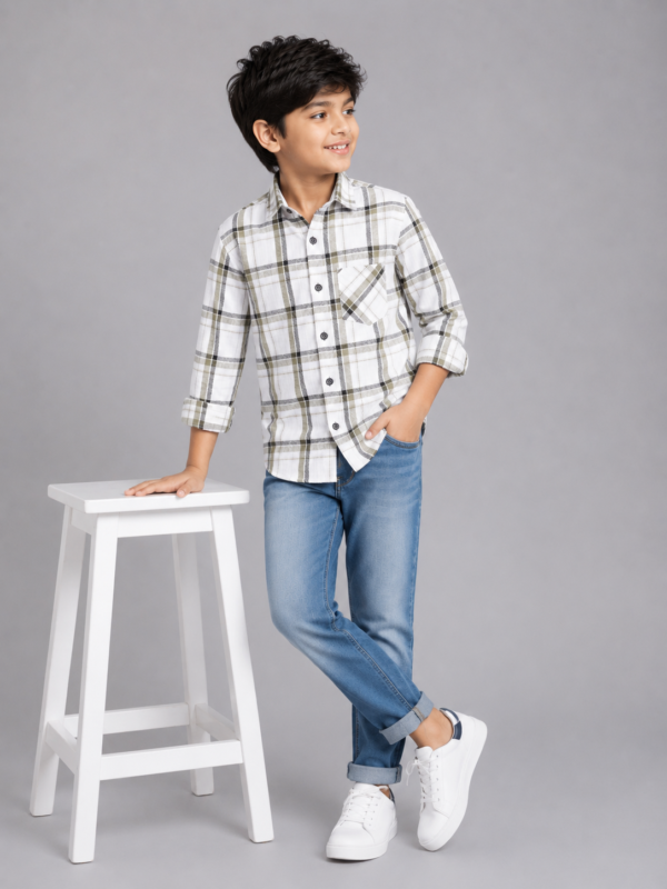 Boys' Classic Plaid Button-Down Shirt | White, Olive & Black Check - Image 3