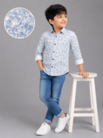 Boys' Dapper Blue Floral Print Long Sleeve Button-Down Shirt - Image 3