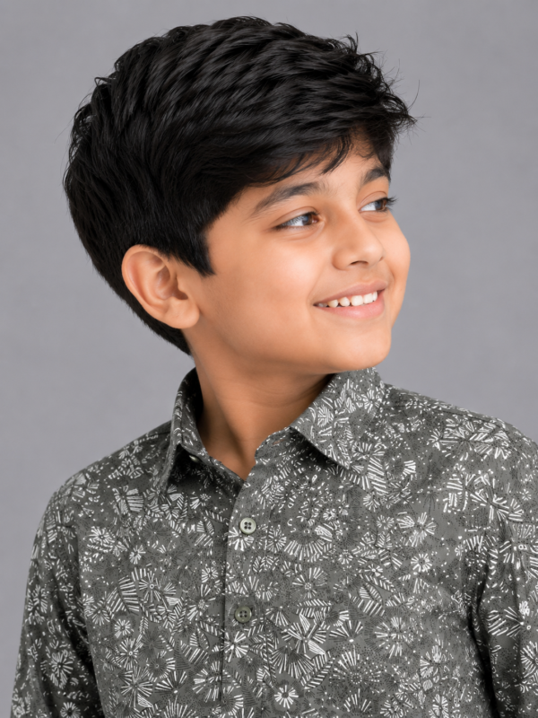 Boy's Olive Green Floral Print Casual Shirt - Full Sleeve - Image 2