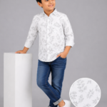Boy's White & Grey Leaf Print Stylish Casual Shirt