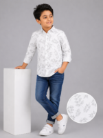 Boy's White & Grey Leaf Print Stylish Casual Shirt