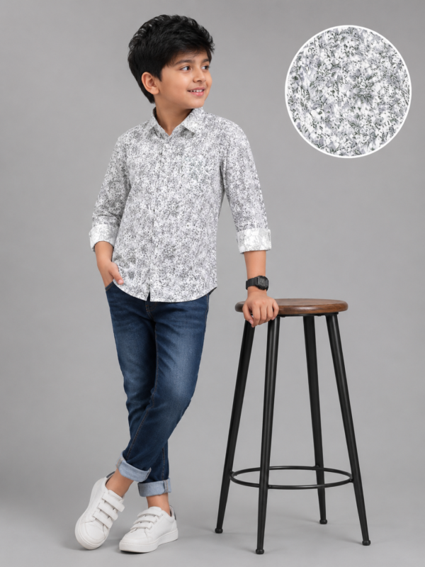 Boys' Stylish Monochrome Floral Print Casual Shirt - Image 2