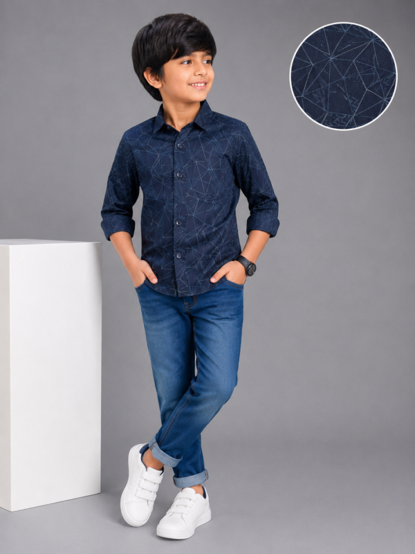 Boys' Navy Blue Geometric Print Casual Shirt - Image 4