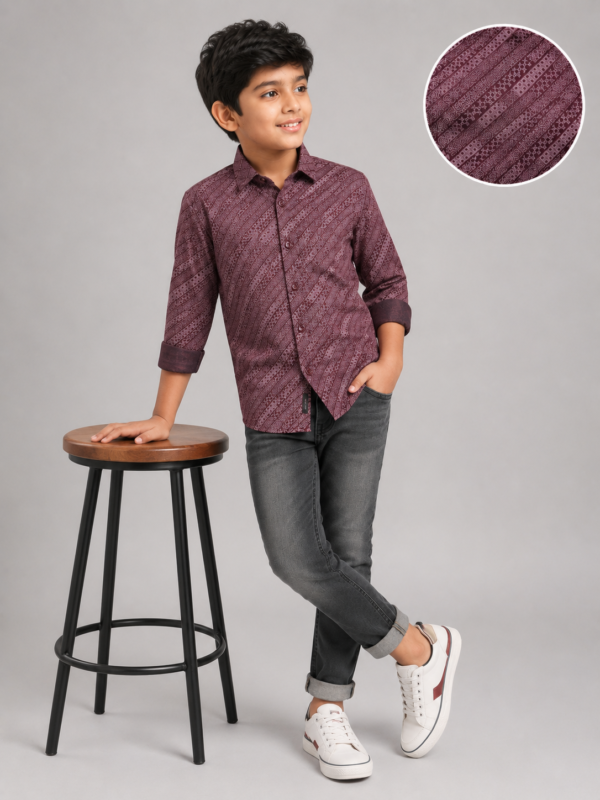 Boys' Burgundy Geometric Print Long Sleeve Shirt - Image 2