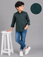 Boys' Deep Green Abstract Wave Print Casual Shirt - Image 3