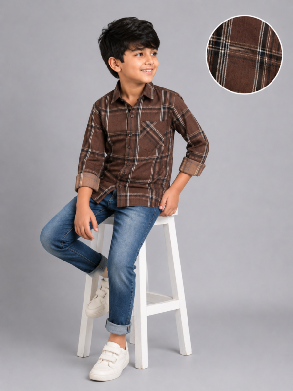 Boys' Stylish Brown Plaid Full Sleeve Casual Shirt - Image 3