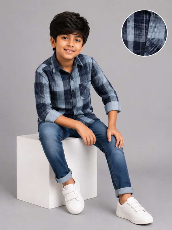 Boys' Blue & Navy Plaid Check Casual Shirt | Long Sleeve Button-Down - Image 4