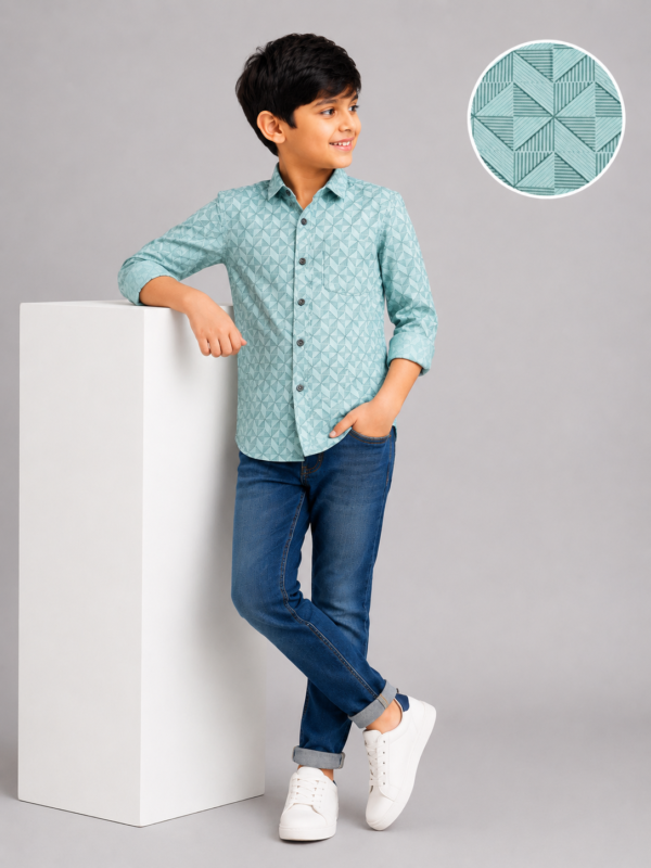 Boys' Geo-Pattern Mint Green Long Sleeve Button-Up Shirt - Image 4