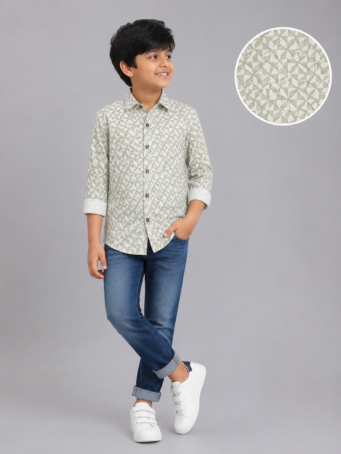0b387477-a47c-4357-9692-b5114976869c Boys' Geo-Patterned Cotton Casual Shirt - Olive & White - Image 1