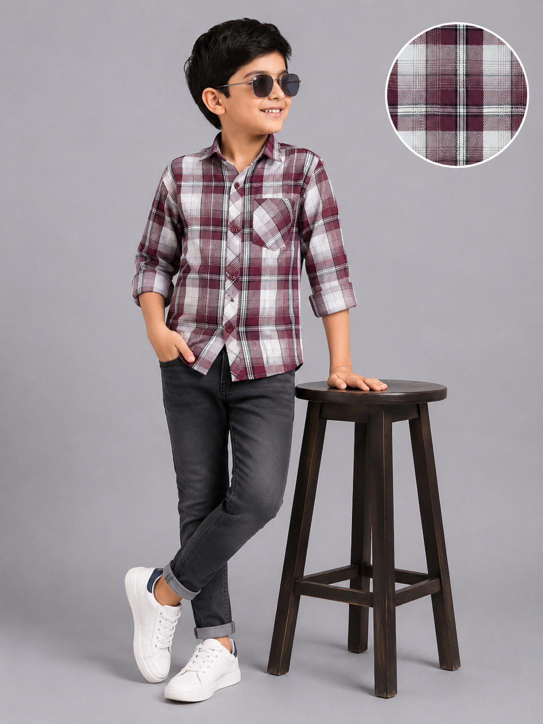 0e5731a3-940d-40a9-b227-2194636c30da Boy's Burgundy & White Plaid Casual Shirt - Image 1
