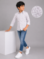 Boys' Stylish Abstract Leaf Print Long Sleeve Button-Down Shirt - Image 2