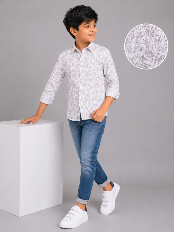 Boys' Stylish Abstract Leaf Print Long Sleeve Button-Down Shirt - Image 2