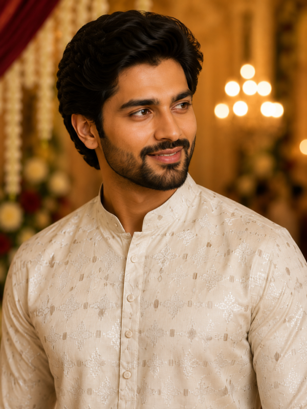Ivory Regal Embroidered Kurta Set for Men - Image 4