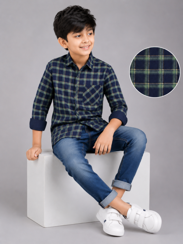 Kids' Classic Navy Green Plaid Check Shirt - Full Sleeve Casual - Image 4