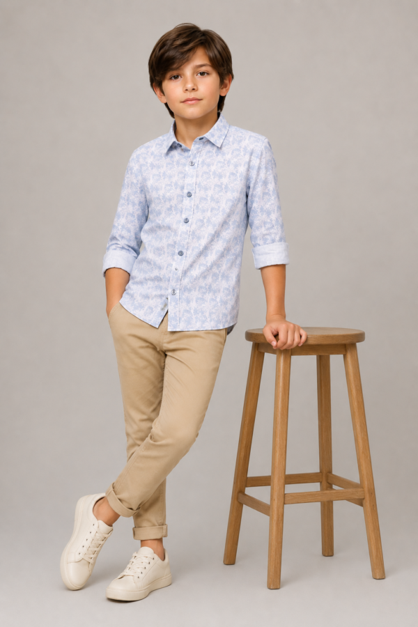 Boy's Light Blue Floral Pattern Long Sleeve Casual Shirt - Image 3