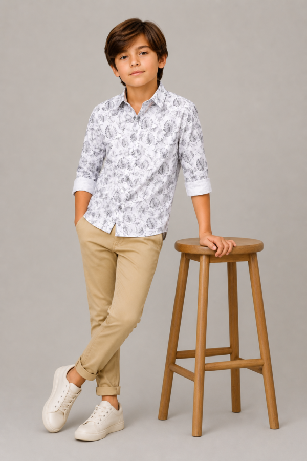Boys' Tropical Leaf Print Long Sleeve Button-Up Shirt - Image 3