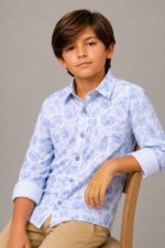 Boy's Blue Tropical Leaf Print Button-Up Long Sleeve Shirt - Image 2