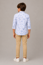 Boy's Blue Tropical Leaf Print Button-Up Long Sleeve Shirt - Image 3