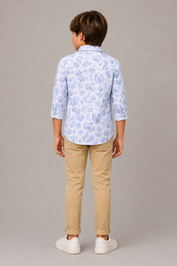 Boy's Blue Tropical Leaf Print Button-Up Long Sleeve Shirt - Image 3