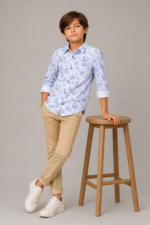 Boy's Blue Tropical Leaf Print Button-Up Long Sleeve Shirt - Image 4