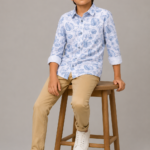 Boy's Blue Tropical Leaf Print Button-Up Long Sleeve Shirt