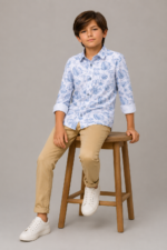 Boy's Blue Tropical Leaf Print Button-Up Long Sleeve Shirt
