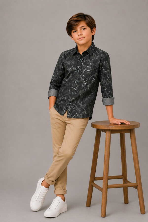 Boys Dynamic Dark Grey Abstract Print Long Sleeve Shirt - Image 2
