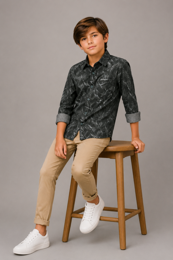 Boys Dynamic Dark Grey Abstract Print Long Sleeve Shirt - Image 3