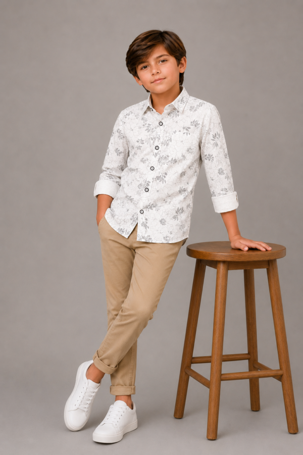 Boy's Modern Floral Print Long Sleeve Button-Down Shirt - Image 3