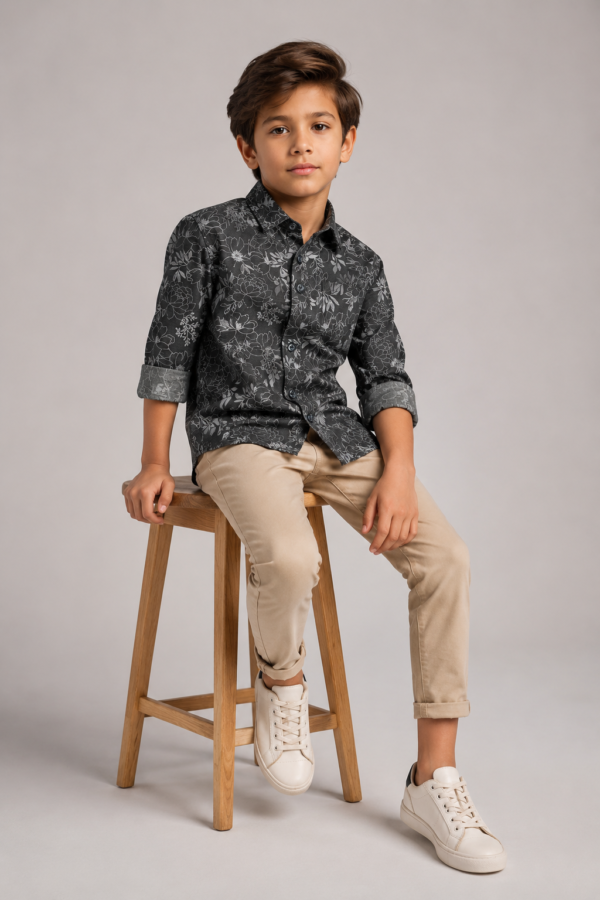 Stylish Boys' Dark Floral Print Long Sleeve Button-Up Shirt - Image 4