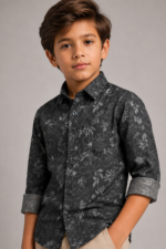 Stylish Boys' Dark Floral Print Long Sleeve Button-Up Shirt - Image 3