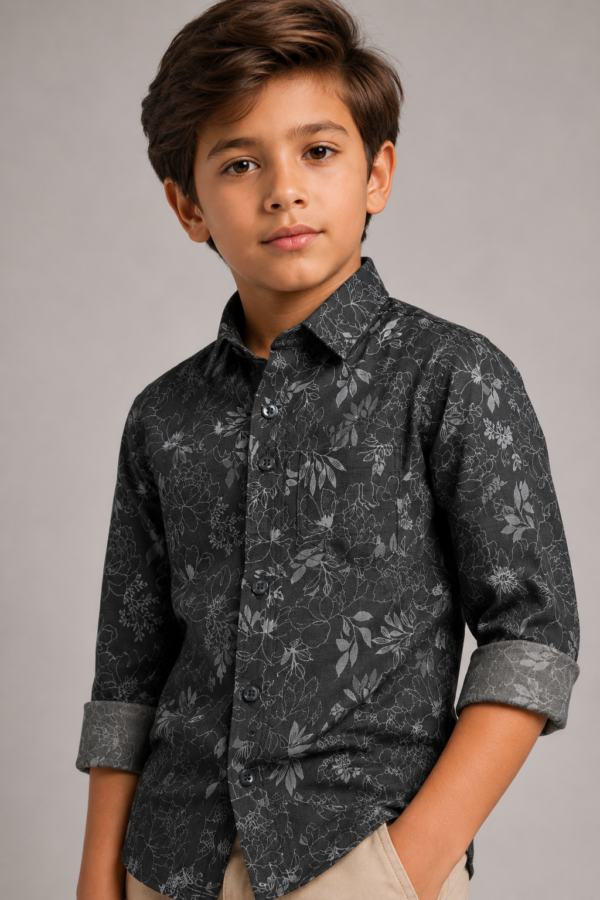 Stylish Boys' Dark Floral Print Long Sleeve Button-Up Shirt - Image 3