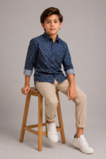 Kids' Navy Geometric Print Long Sleeve Button-Up Shirt - Image 4