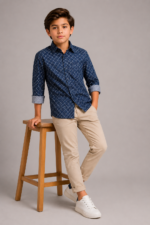 Kids' Navy Geometric Print Long Sleeve Button-Up Shirt