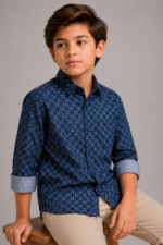Kids' Navy Geometric Print Long Sleeve Button-Up Shirt - Image 3