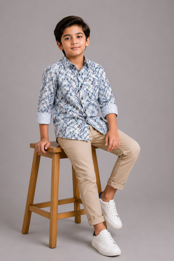 Boys' Modern Blue Abstract Print Long Sleeve Button-Down Shirt - Image 2