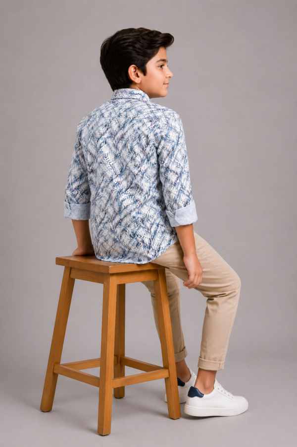 Boys' Modern Blue Abstract Print Long Sleeve Button-Down Shirt - Image 3