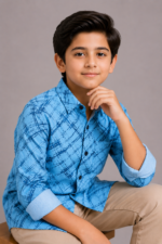 Boys' Sky Blue Distressed Grid Long Sleeve Shirt