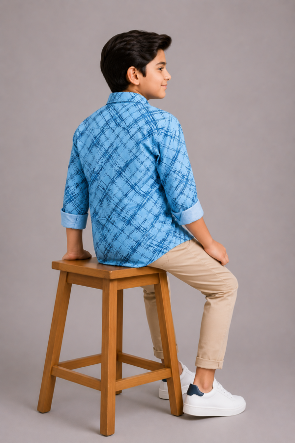 Boys' Sky Blue Distressed Grid Long Sleeve Shirt - Image 2