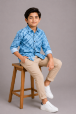 Boys' Sky Blue Distressed Grid Long Sleeve Shirt - Image 3