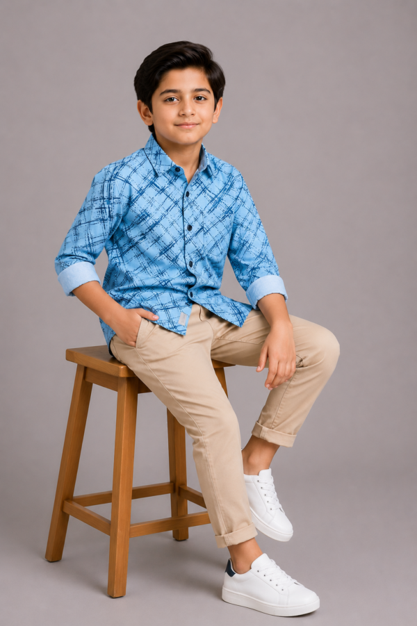 Boys' Sky Blue Distressed Grid Long Sleeve Shirt - Image 3