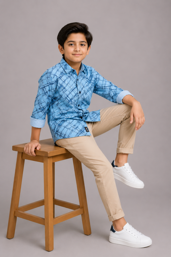 Boys' Sky Blue Distressed Grid Long Sleeve Shirt - Image 4