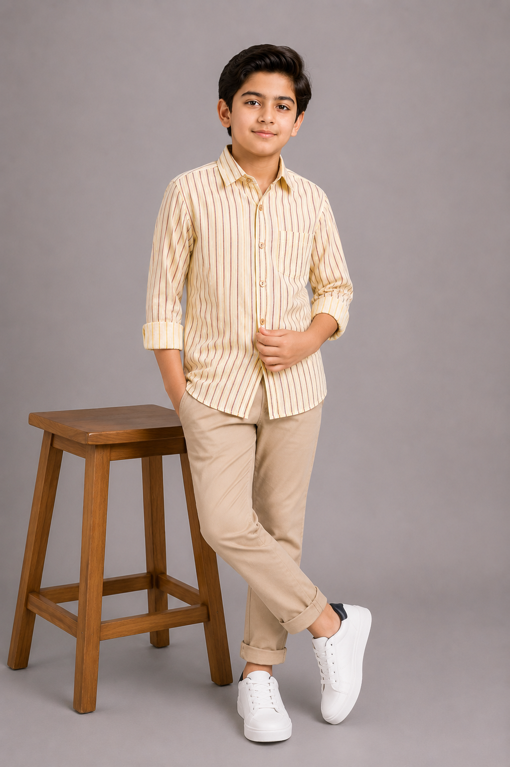 2026/06/1001398858.png Boys' Striped Roll-Up Sleeve Button-Down Casual Shirt - Image 1
