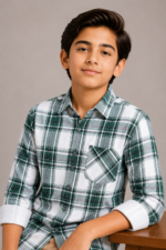 The Evergreen Plaid: Boys' Casual Green Checkered Button-Down Shirt - Image 2