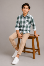 The Evergreen Plaid: Boys' Casual Green Checkered Button-Down Shirt - Image 4