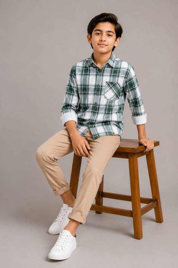 The Evergreen Plaid: Boys' Casual Green Checkered Button-Down Shirt - Image 4