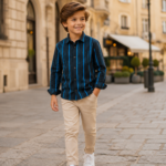 Boys' Navy Blue Vertical Stripe Long-Sleeve Button-Down Shirt