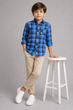 Boy's Vibrant Blue Plaid Button-Up Shirt - Image 4