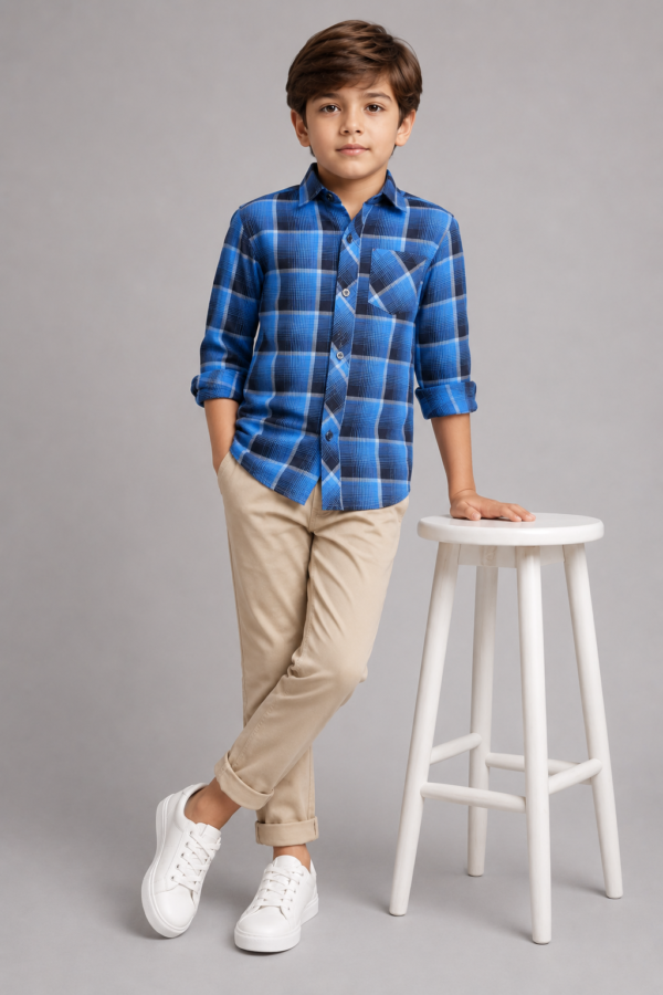 Boy's Vibrant Blue Plaid Button-Up Shirt - Image 4
