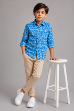 Boys' Trendy Blue Geometric Print Button-Down Shirt